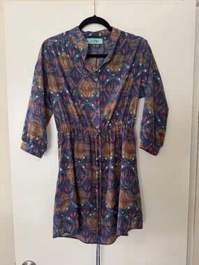 Karlie Navy Blue Mini Dress with Rust and Tan Pattern